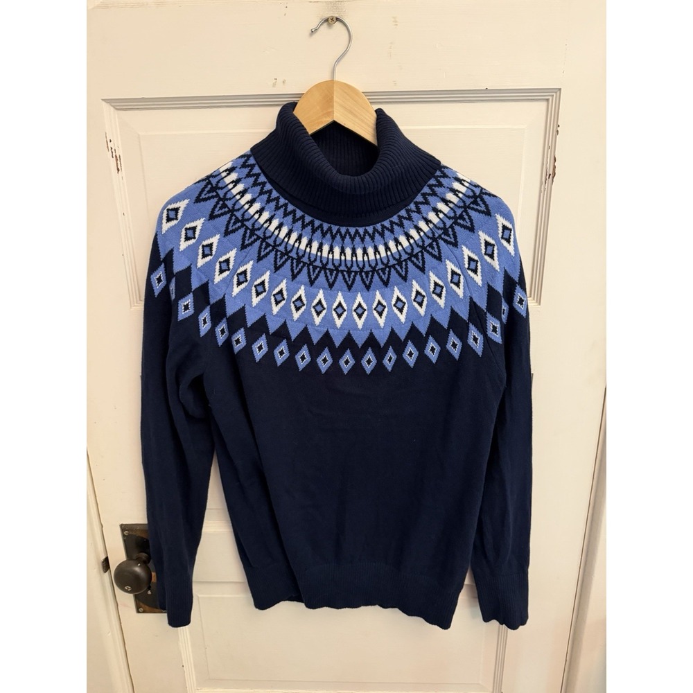 L.L. Bean Women's Navy Fair Isle Cotton Cashmere Turtleneck Sweater Medium $80 - Picture 2 of 6